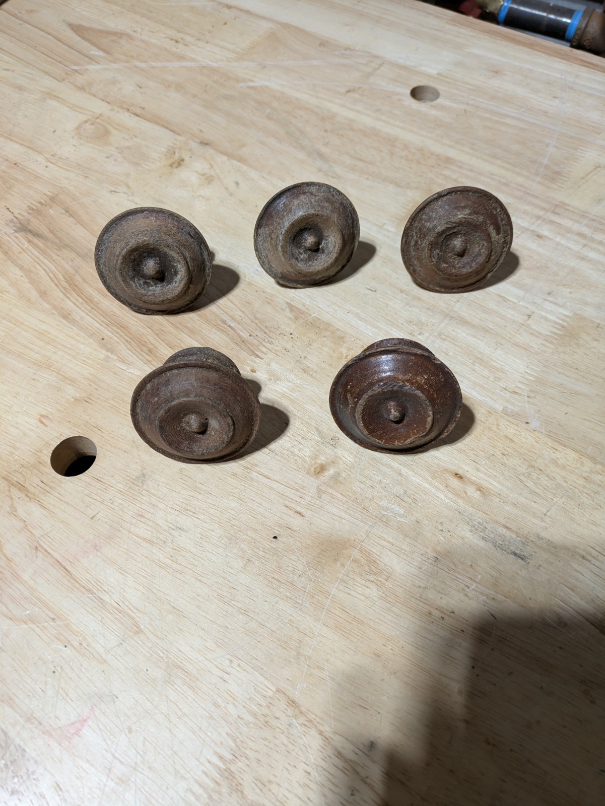 Antique Original Walnut Fancy Turned Front Mushroom Pulls, Set Of 5