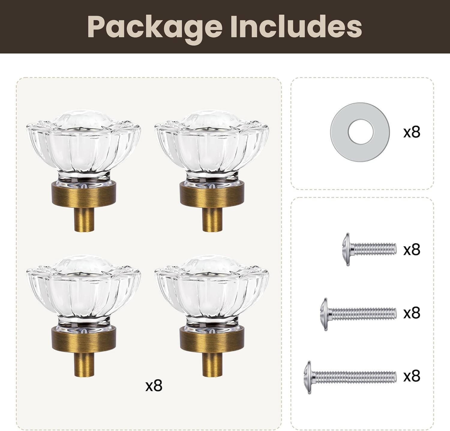 Elegant 8 Pack Antique Brass Glass Cabinet Knobs – Vintage Crystal Design