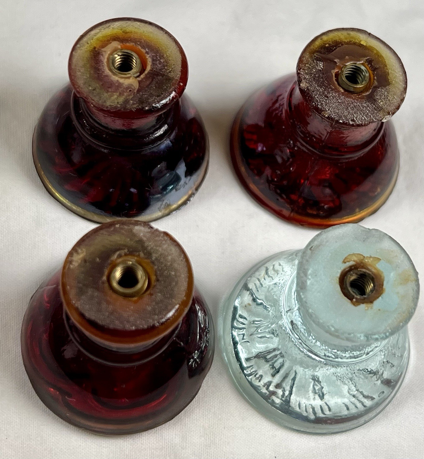 Vintage Glass Cabinet Knobs, 3 reddish Orange, One Greenish Clear,1 1/4 Inch