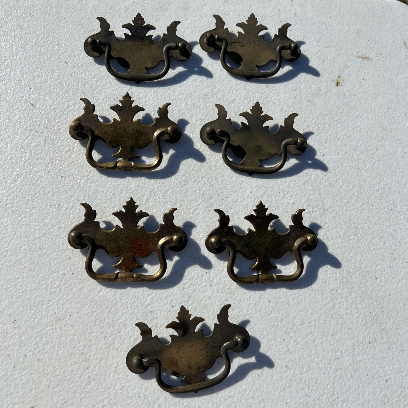Lot Of 7 Flat Bat Drop Bail Pull Handle Solid Dark Aged Brass 3 3/4” Vintage