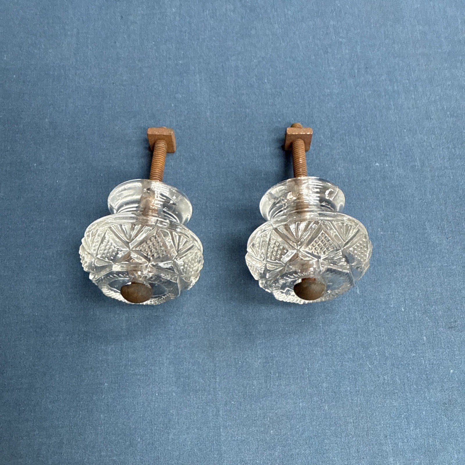 2 Antique Pressed Clear Glass Sandwich Drawer Pulls 1 3/4″ Original Posts