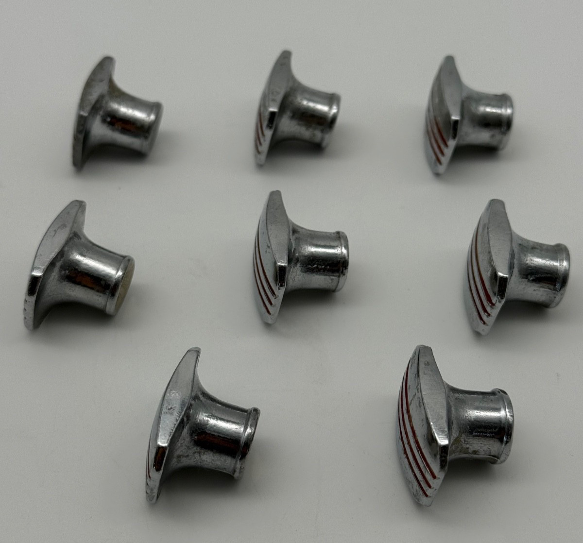 Set Lot 8 Vintage Amerock Chrome Cabinet Drawer Pull Knobs 1.25″ Red Stripe MCM
