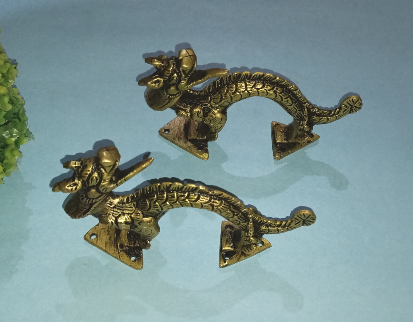 Fire Dragon Design Door Handle Pair Brass Feng Shui Theme Drawer Pull Set GTX