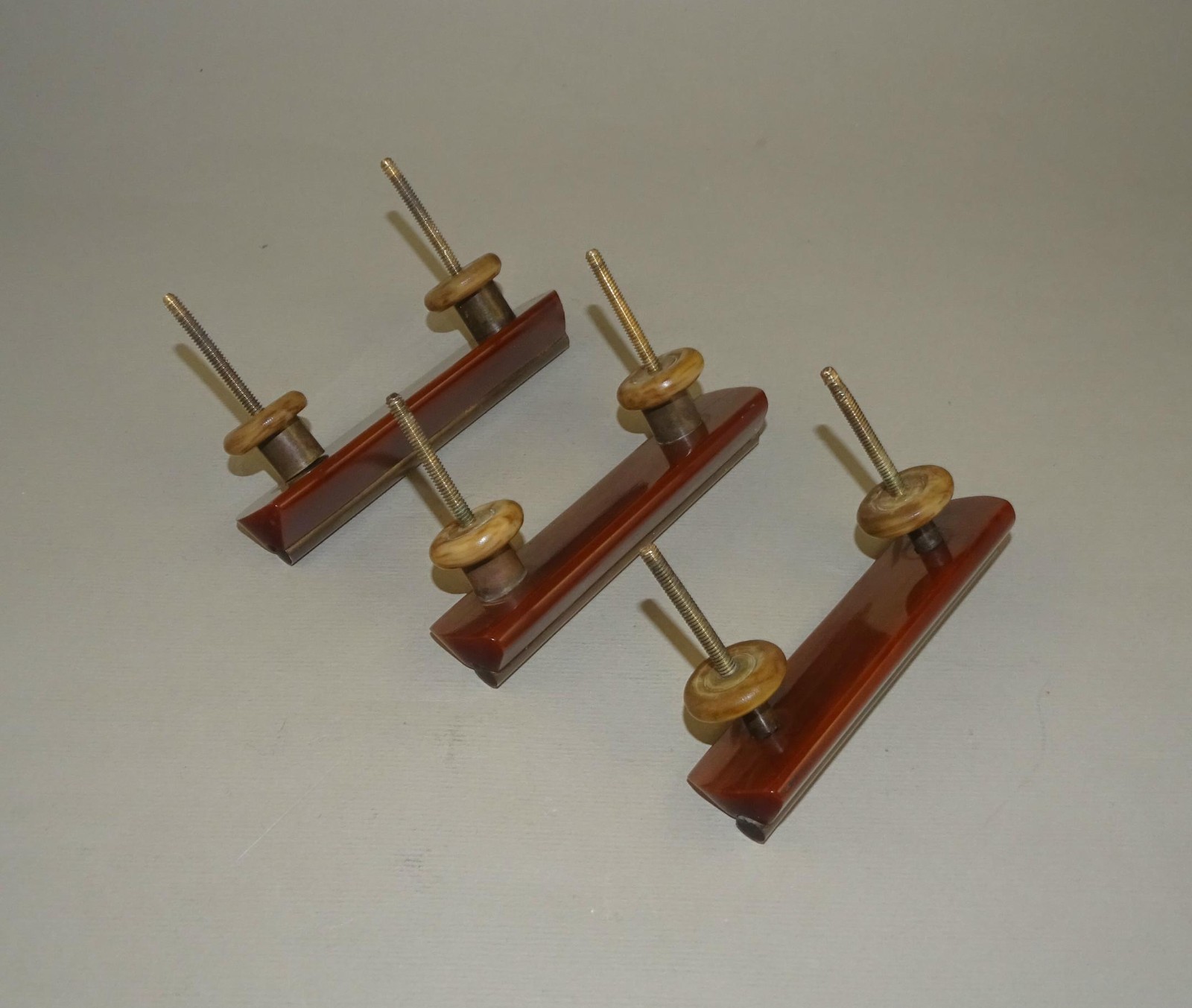 3 Old Vintage Art Deco Bakelite Marbled Brown Drawer Pulls Cabinet Handles