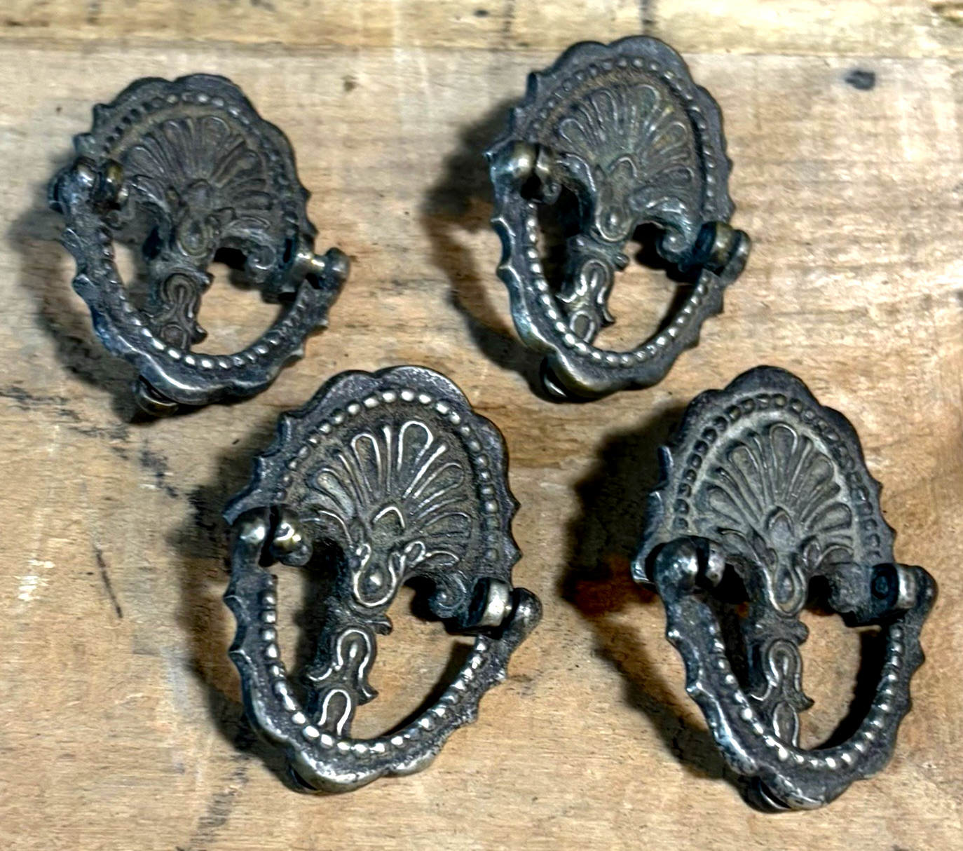 4 Antique 19th C Nickel Plated Cast Brass Small Drawer Pulls 2″ Tall x 1 1/2″ W