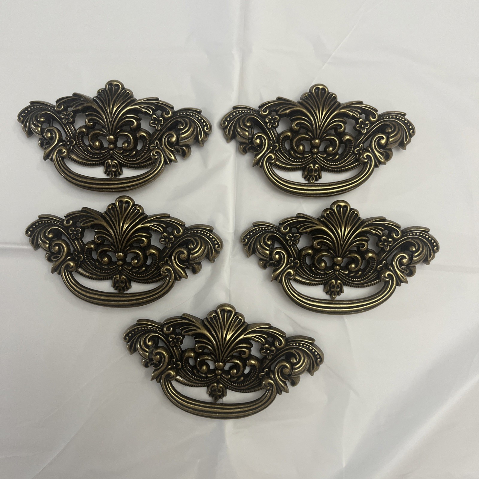 Vintage Hardware Drawer Pull Brass Bail Drop Handle Ornate Set Of 5