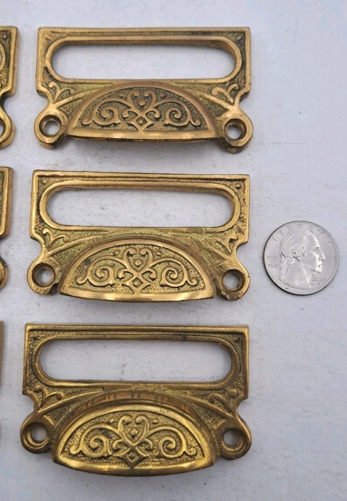 Card Label Bin Pulls Drawer Pull Handle Cast Brass Antique Reproduction Set of 6