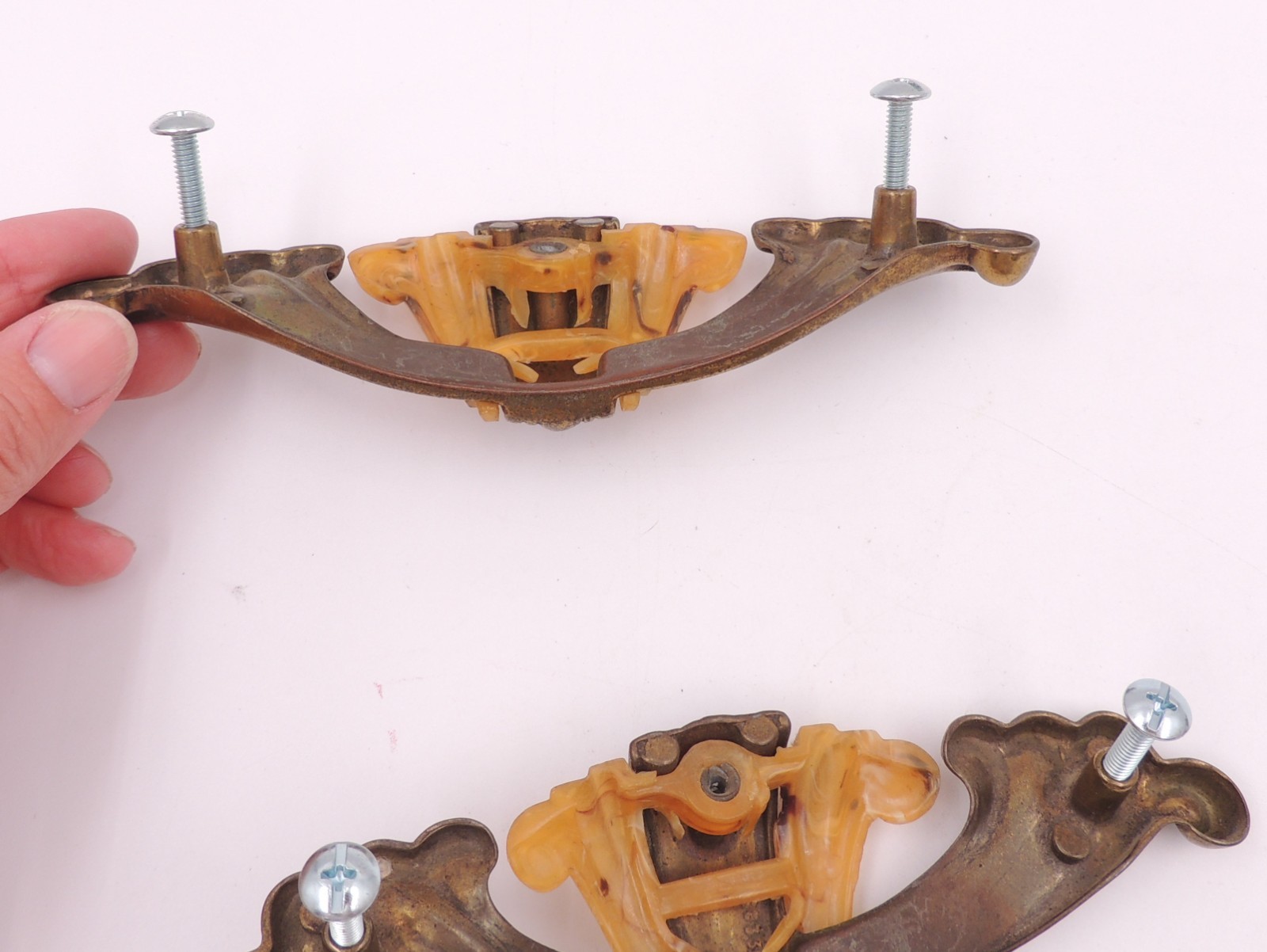 2 Art Deco Drawer Pull w/ Bakelite Vintage Knob Brasstone Waterfall Handle Set