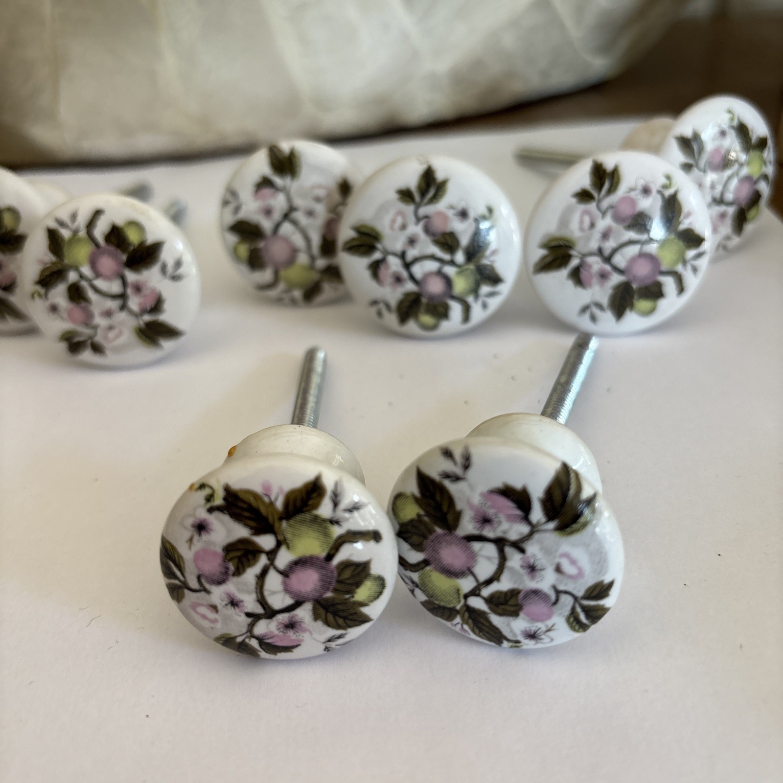 Vtg Porcelain Pulls/Knobs, White Painted Cherry Blossom Floral Design~Lot of 8