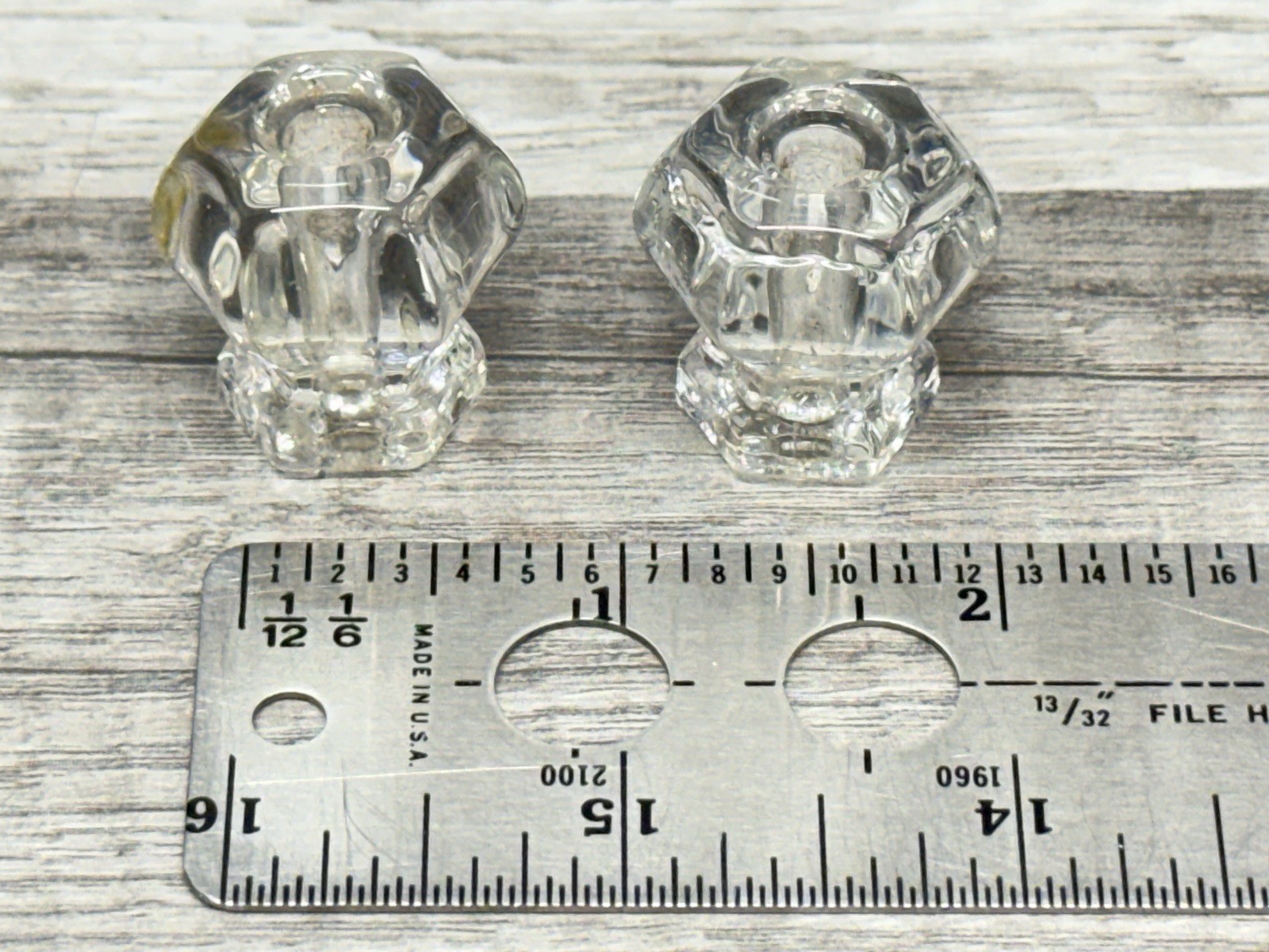 MCM Drawer Pull Knobs Vintage Clear Glass Hexagon Cabinet Hardware Set of 2
