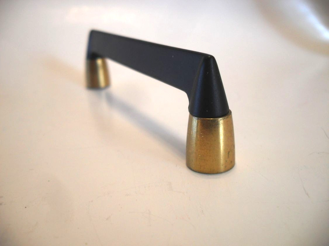 Vintage Nos Ebony Satin Black Drawer Pull w Brass Trim Bases Cabinet Door Handle