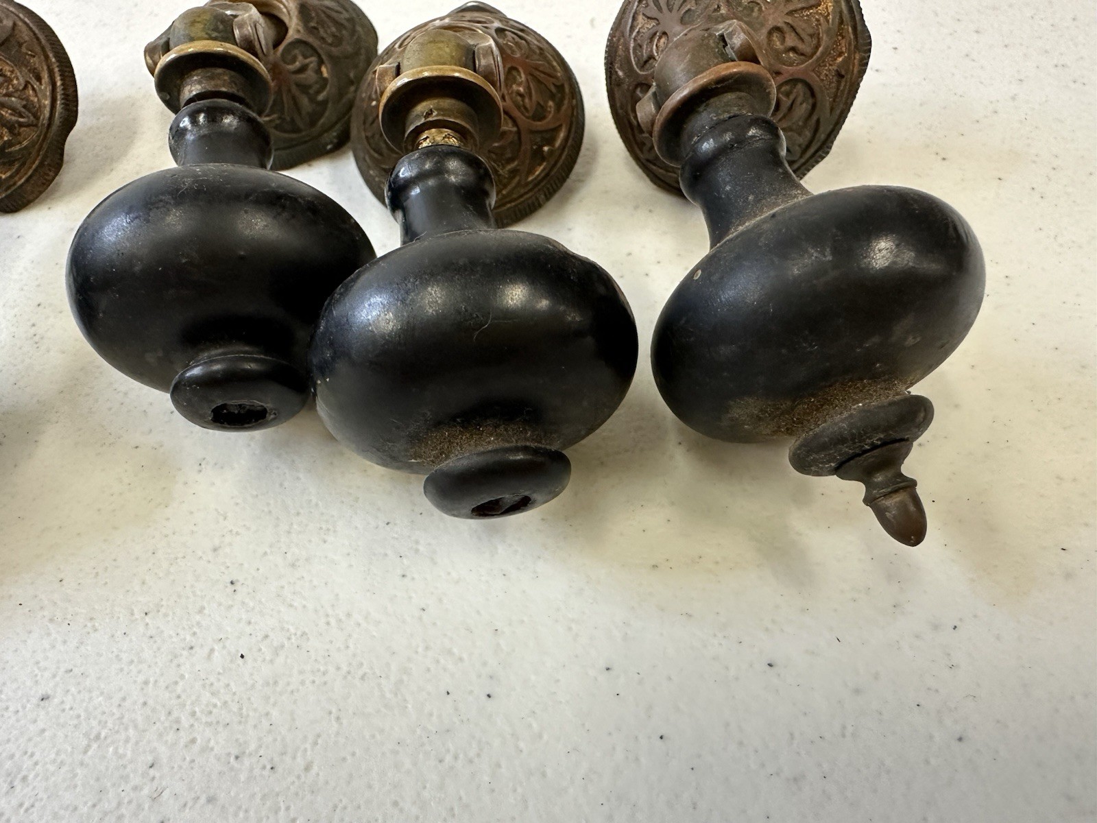 Antique Victorian Eastlake Teardrop Pulls – Set of 6 Black Wood & Ornate Brass