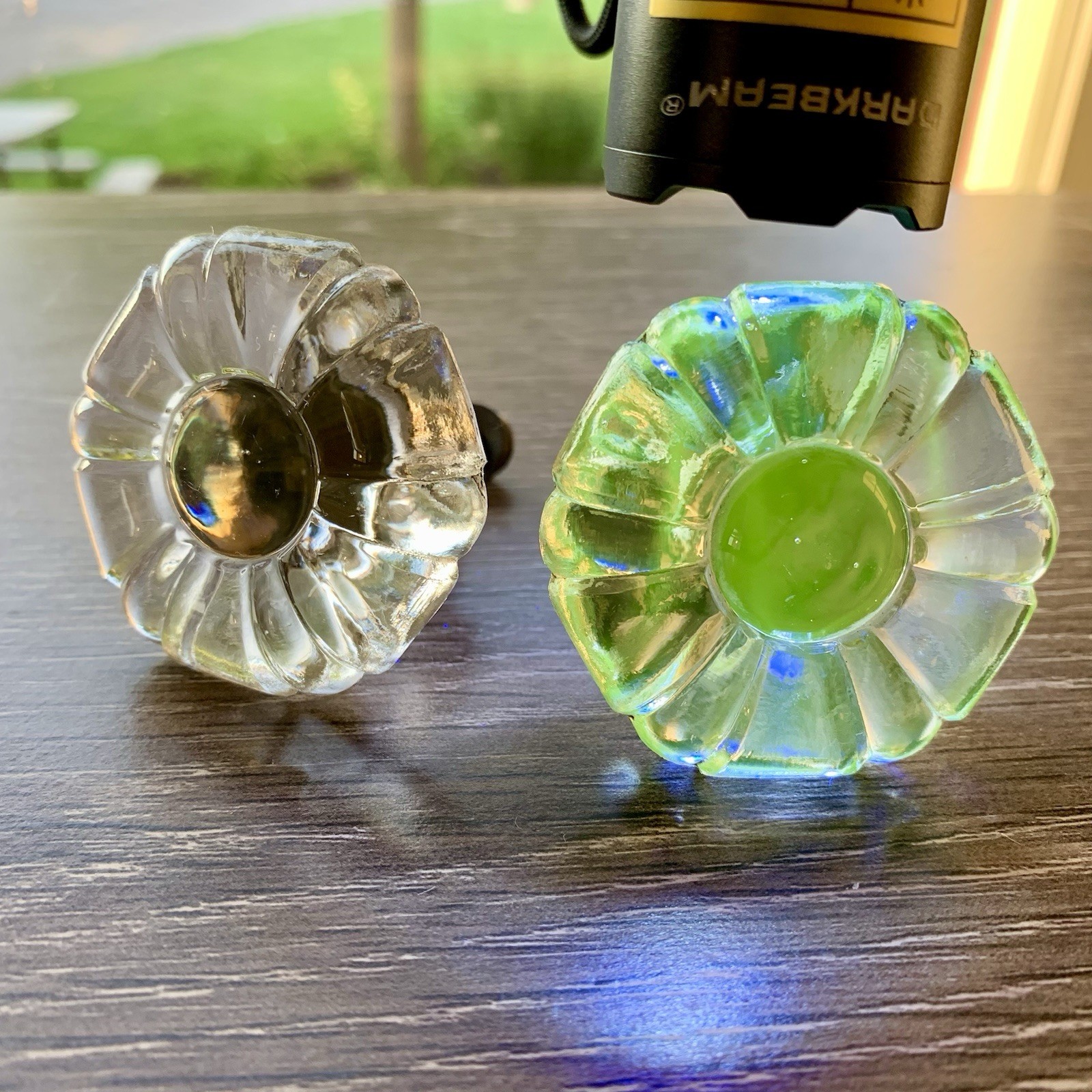 Antique Manganese Drawer Knobs Pair, UV Reactive Glass Knobs/Drawer Pulls