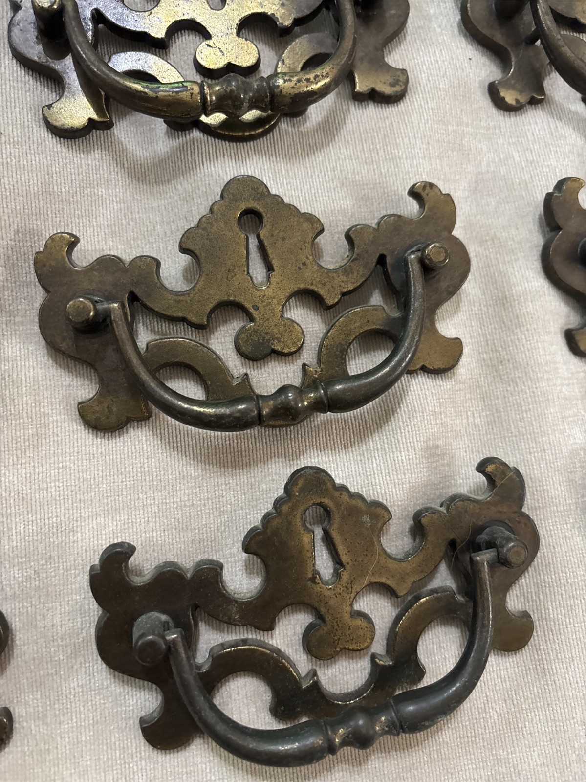 Chippendale Batwing Brass Drawer Pulls Set of 12 Bail Handles w/ Screws Vintage