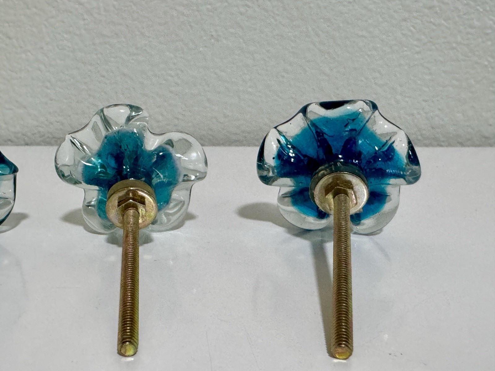 Set Of 4 Vintage(?) Blue Clear Blown Glass Flower Cabinet Drawer Knobs Pulls