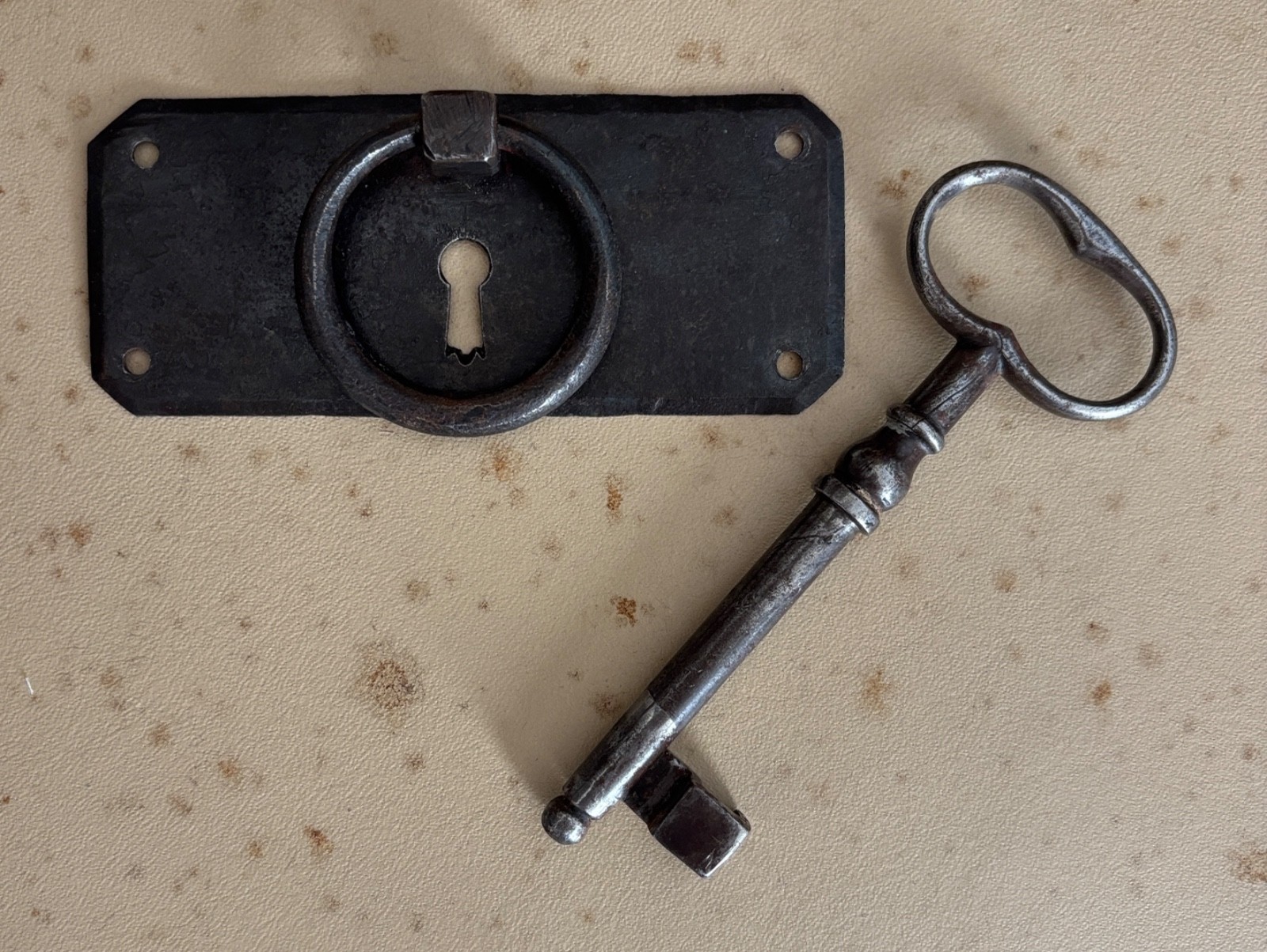 Vintage French Drawer Metal Hardware Drop Ring Pull Keyhole Cover Plate Salvage