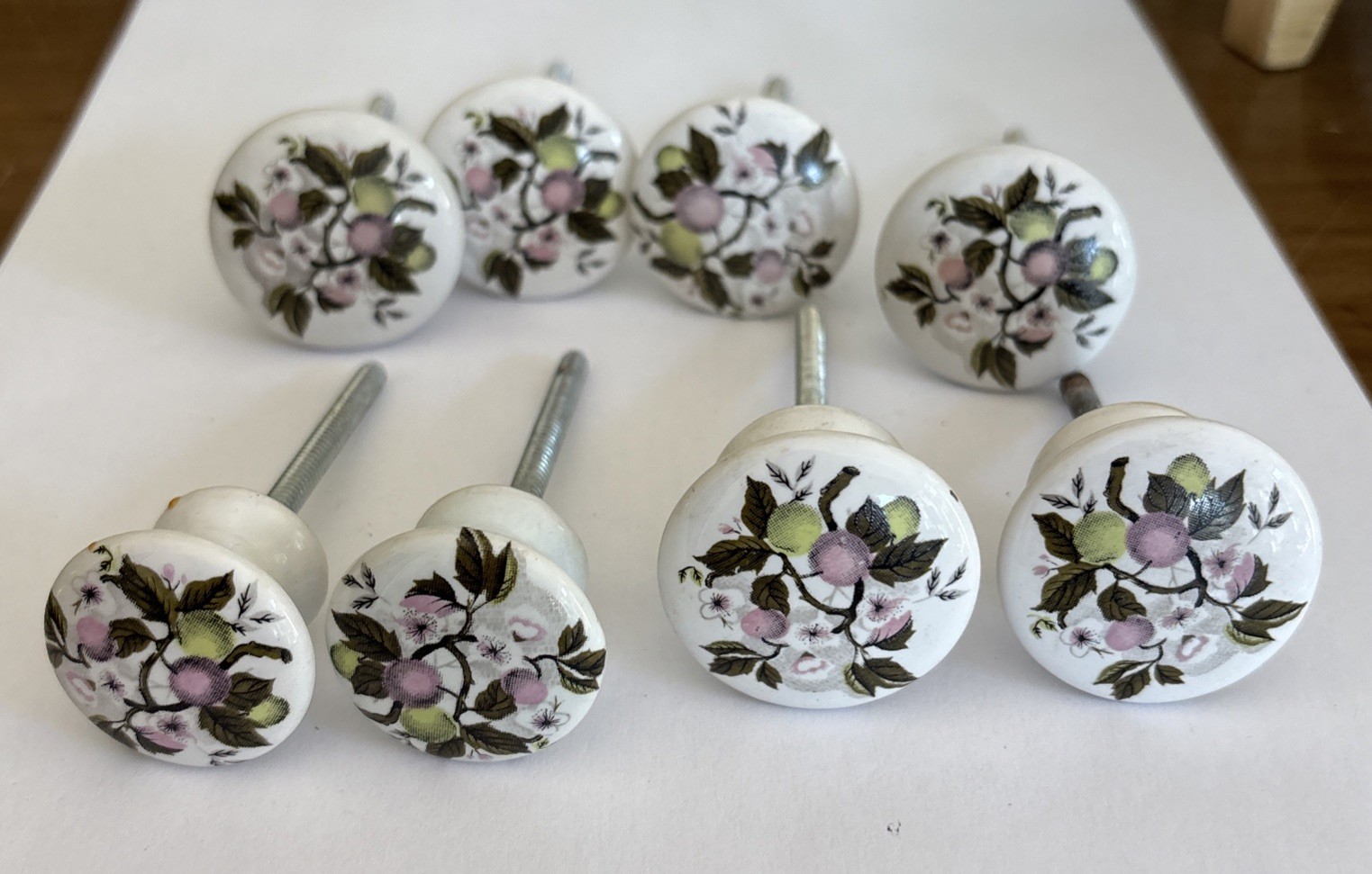Vtg Porcelain Pulls/Knobs, White Painted Cherry Blossom Floral Design~Lot of 8