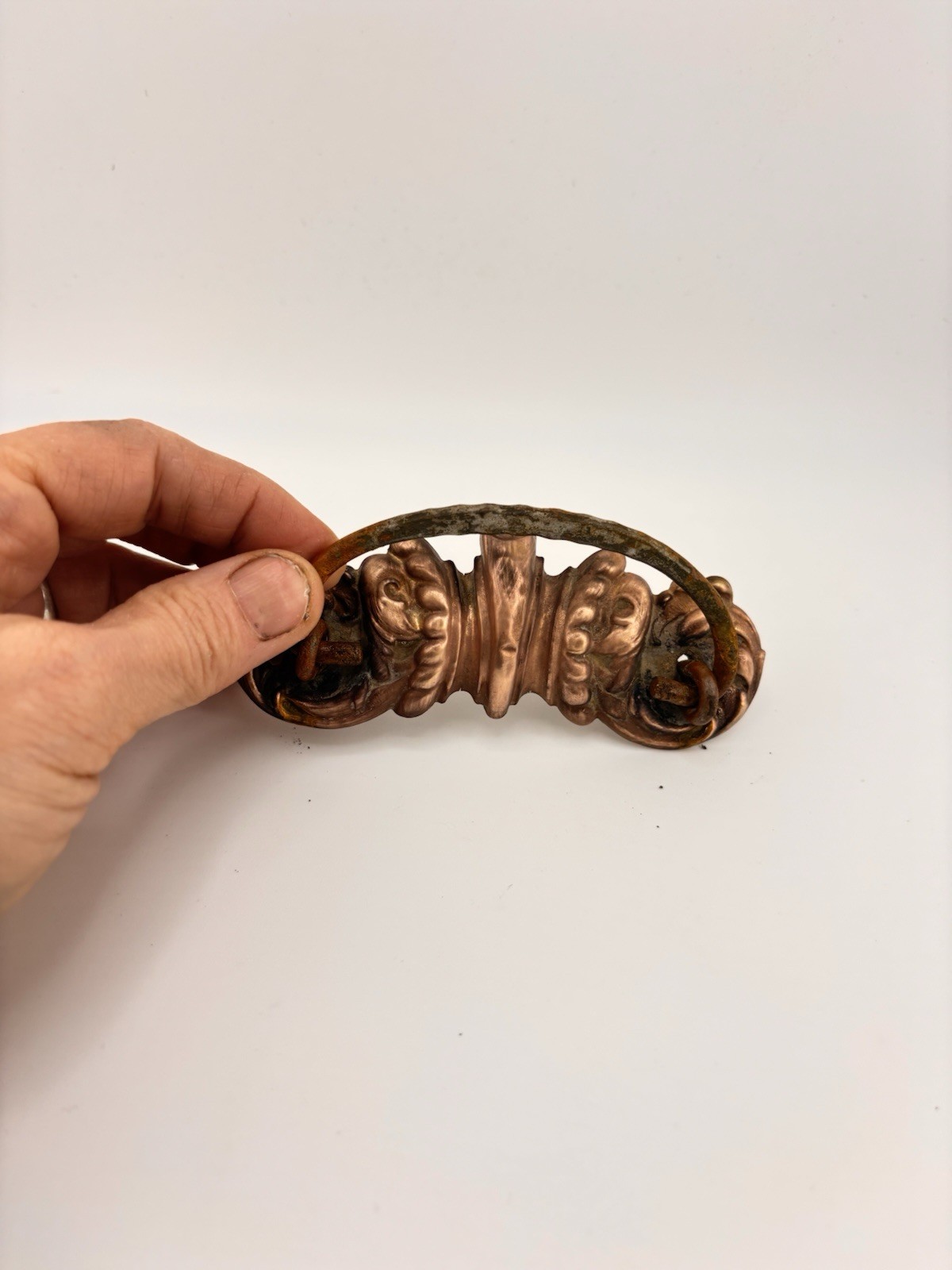 Victorian-Style Ornate Brass Bail Drop Drawer Pull Shield Backplate Antique