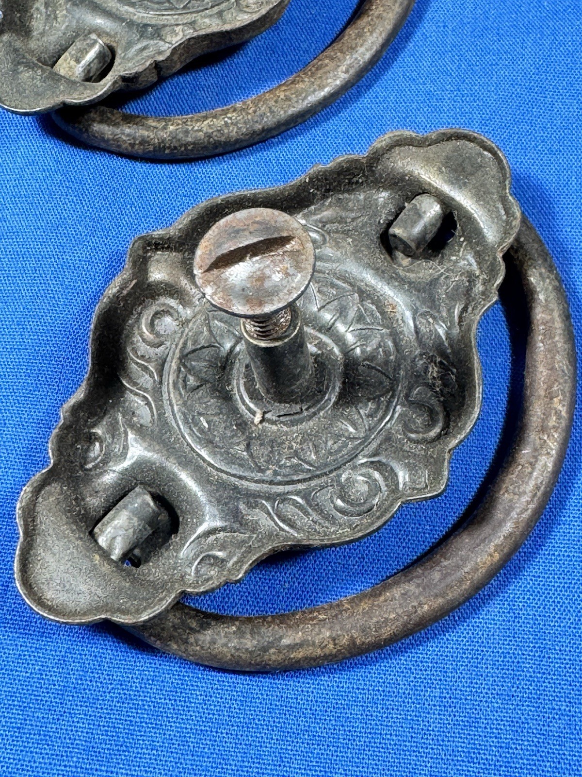 Antique Drawer Pulls w/ Original Screws, Bail Handle ~ Ornate Pressed Design