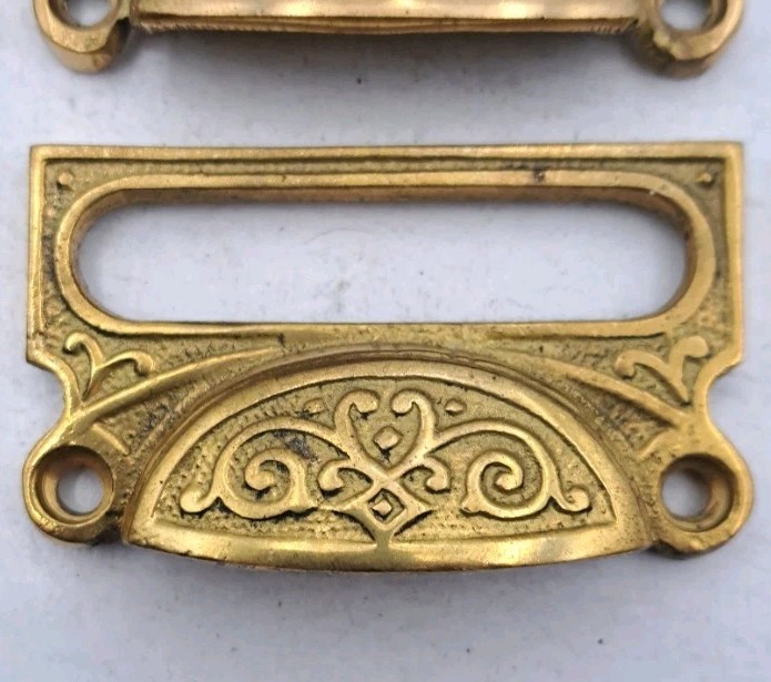 Card Label Bin Pulls Drawer Pull Handle Cast Brass Antique Reproduction Set of 6