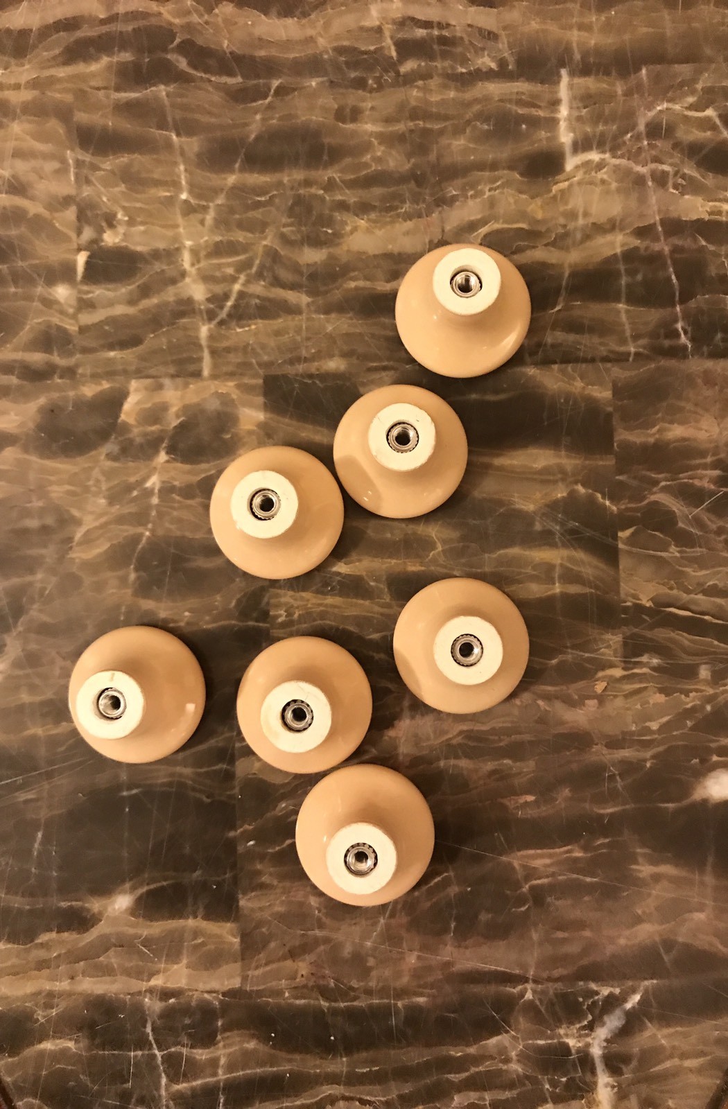7 Knobs CERAMIC Round Tan Beige Pedestal Mushroom Shape Cabinet Drawer Vintage