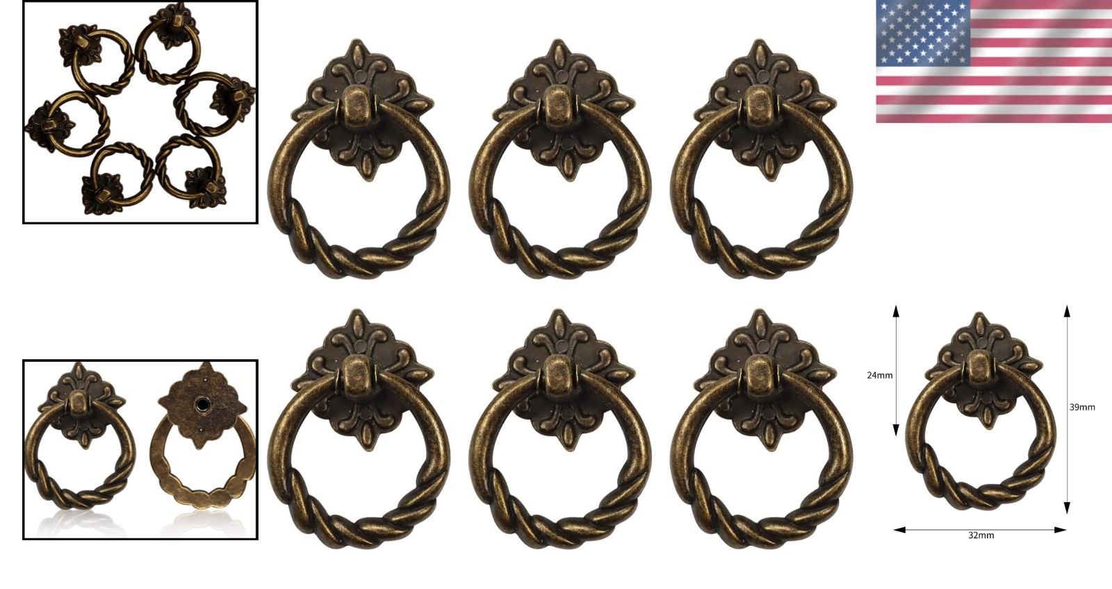Antique Bronze Drop Ring Knobs – 6 Piece Set for Stylish Cabinets & Dressers