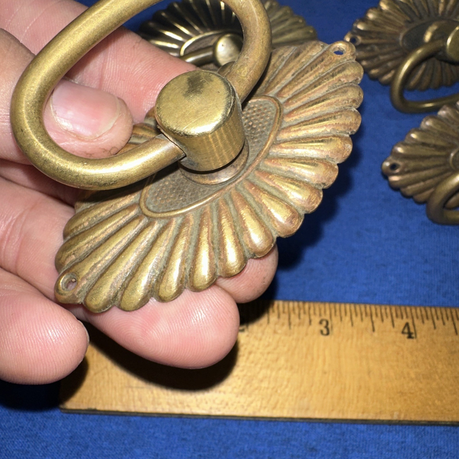 Vintage Brass Drawer Pulls, cabinet Handles lot of 4. Seashell Look Elegant