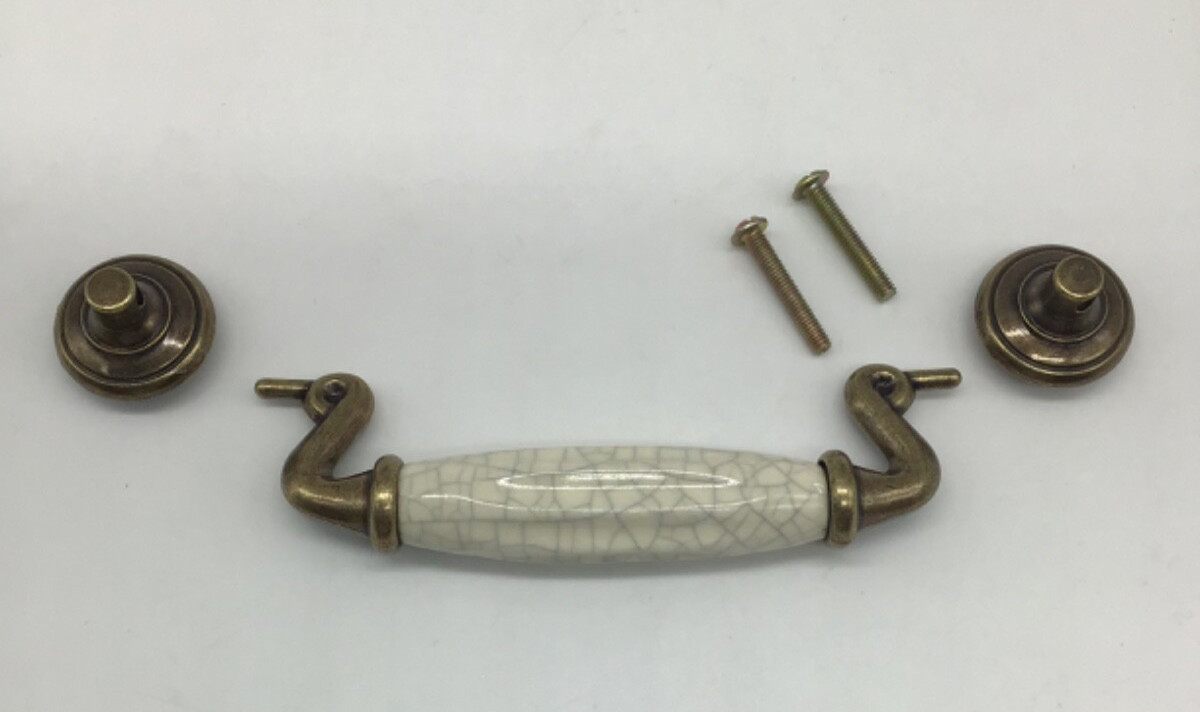 Antique Brass Hardware With Beige Ceramic Crazing Drop Bail Drawer Pull New