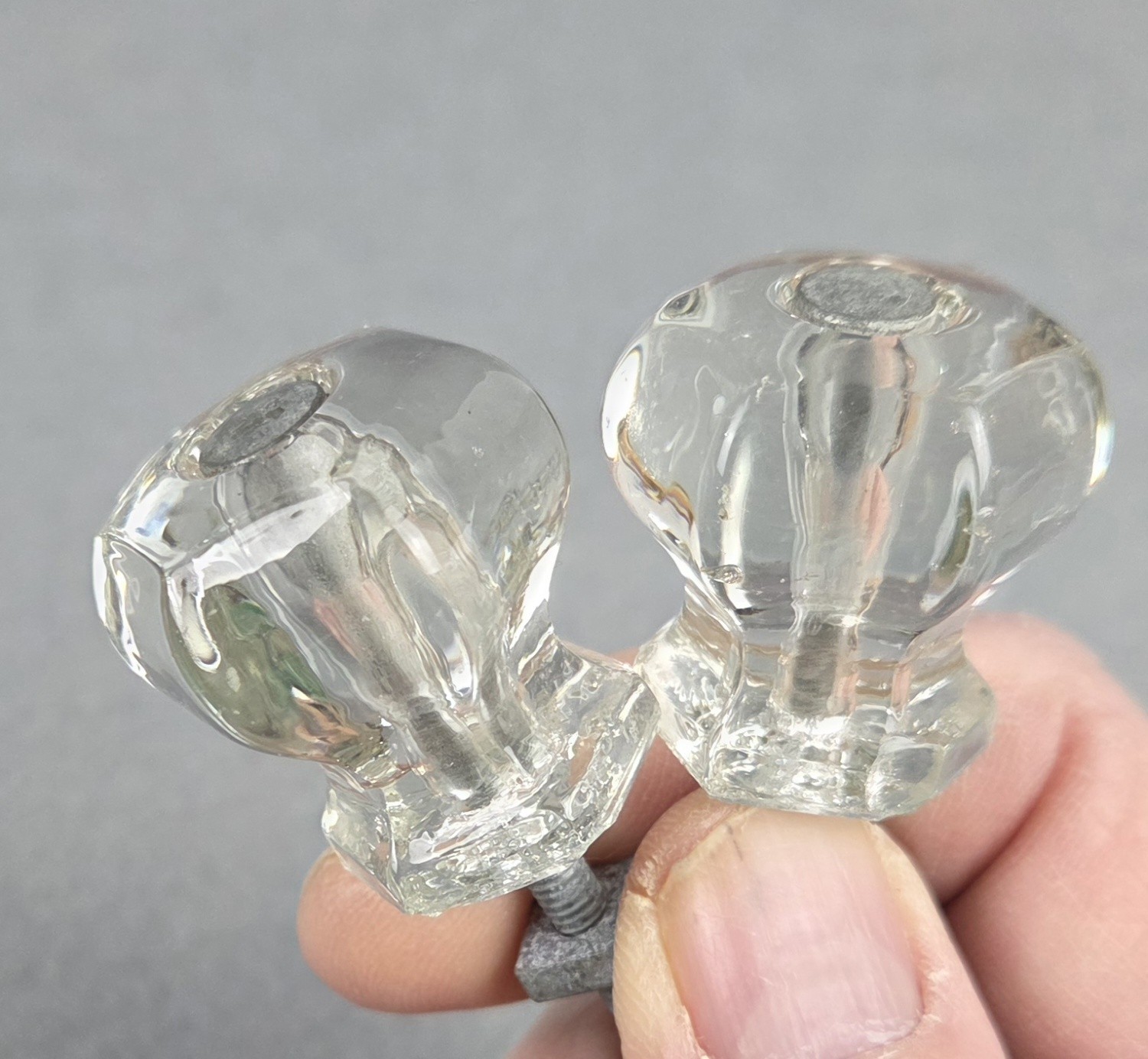 4 Vintage Clear Glass Drawer Pull Knobs Unmatched Sets 2 Hexagonal & 2 Decagonal