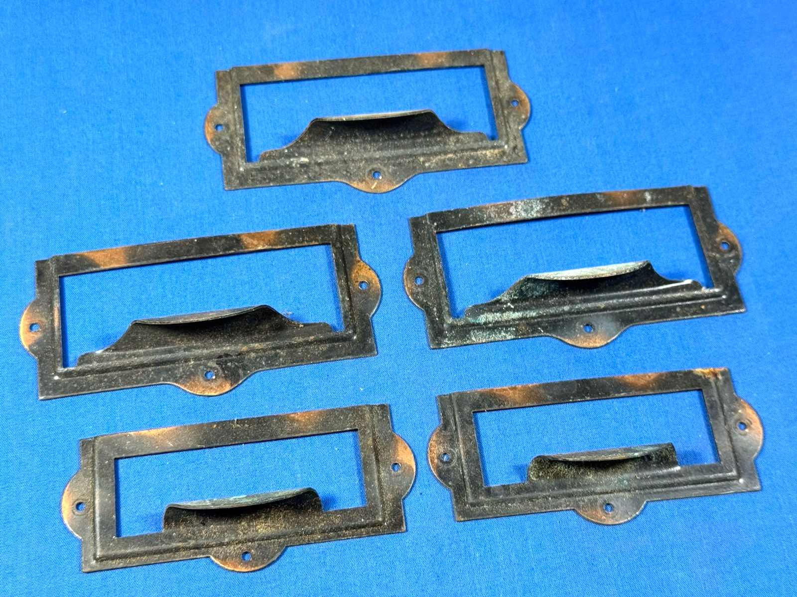 Vintage Japanned Drawer Pulls & Label Holder Plate Library , Apothecary Cabinet