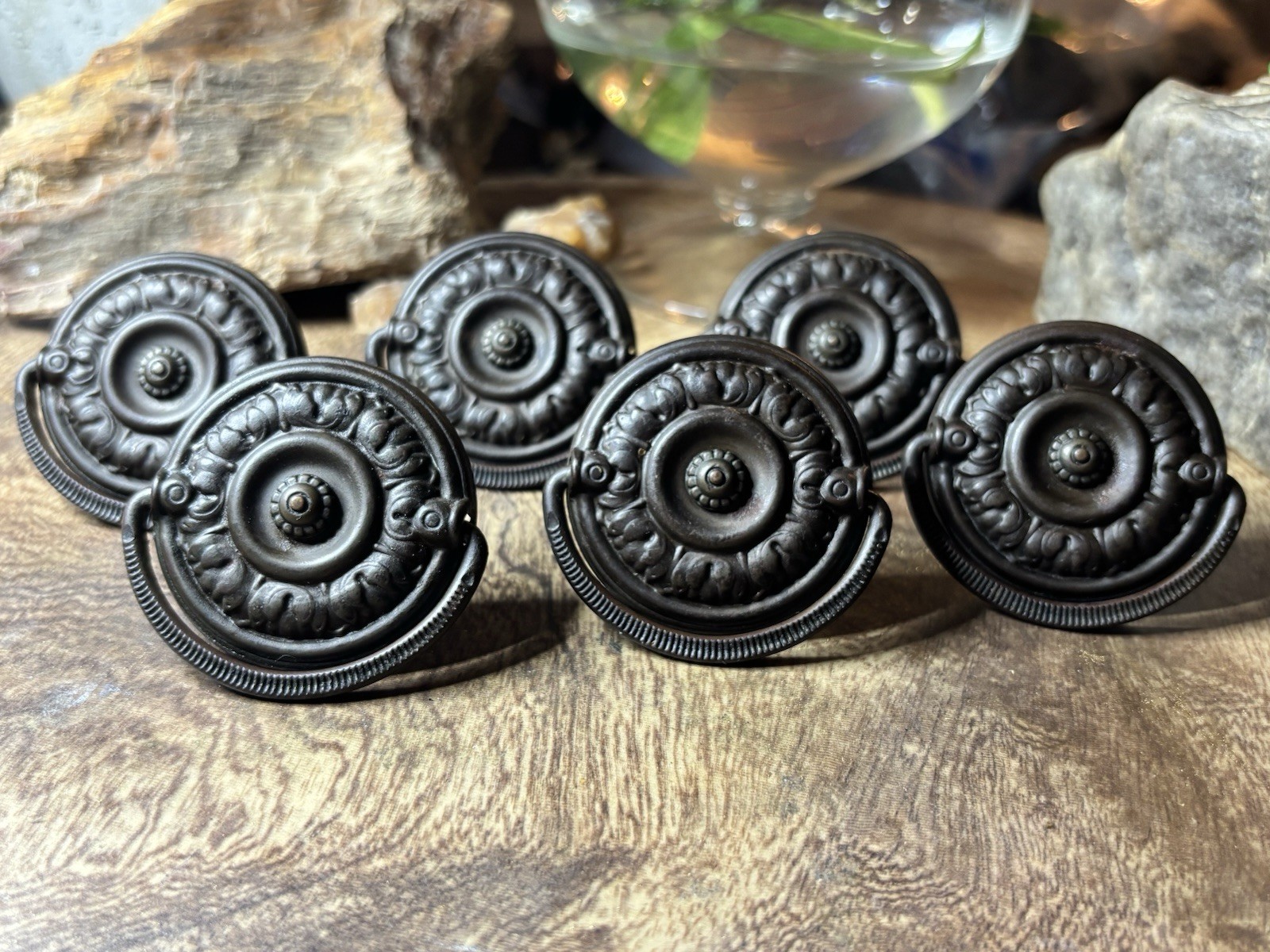 Antique Late Victorian Stamped Brass Ring Pulls Set of 6, Single Hole C. 1880