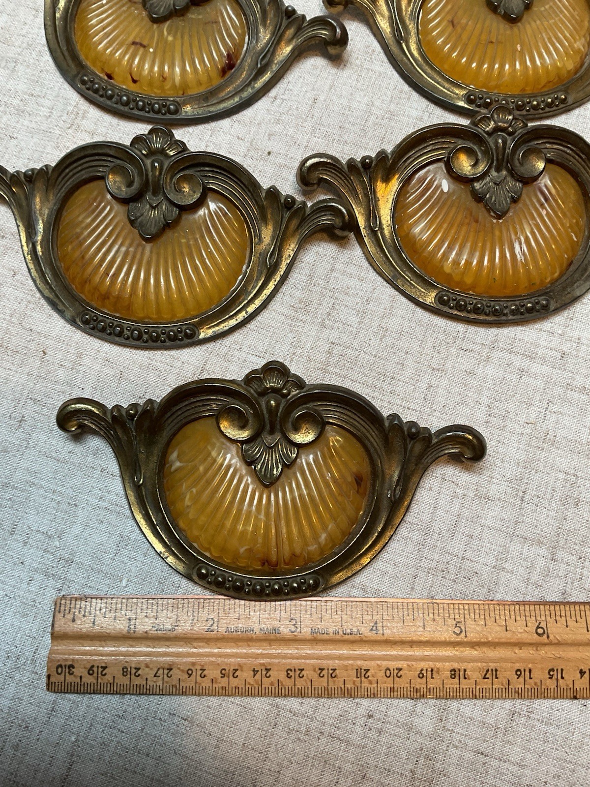 Vintage Keeler Bakelite Brass Waterfall Shell Handle Dresser Pulls (5) 1930s