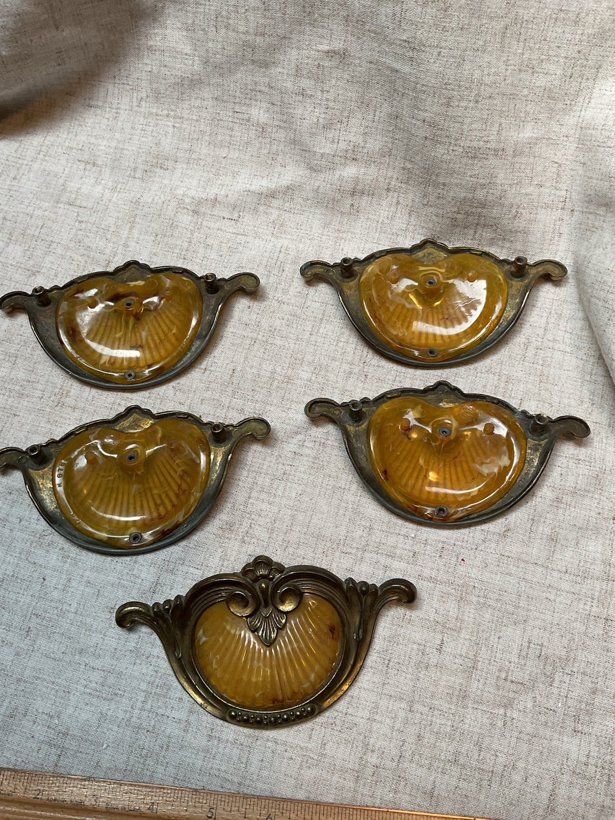 Vintage Keeler Bakelite Brass Waterfall Shell Handle Dresser Pulls (5) 1930s