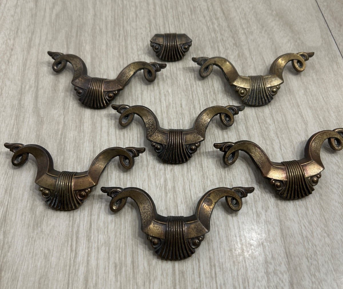 ART DECO Brass Drawer Pulls Set 7 AB London England
