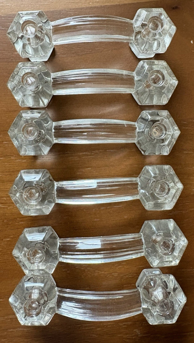 Lot of 6 Vintage Hexagon Clear Glass Knobs Handle Pulls Reclaimed Kitchen Bath