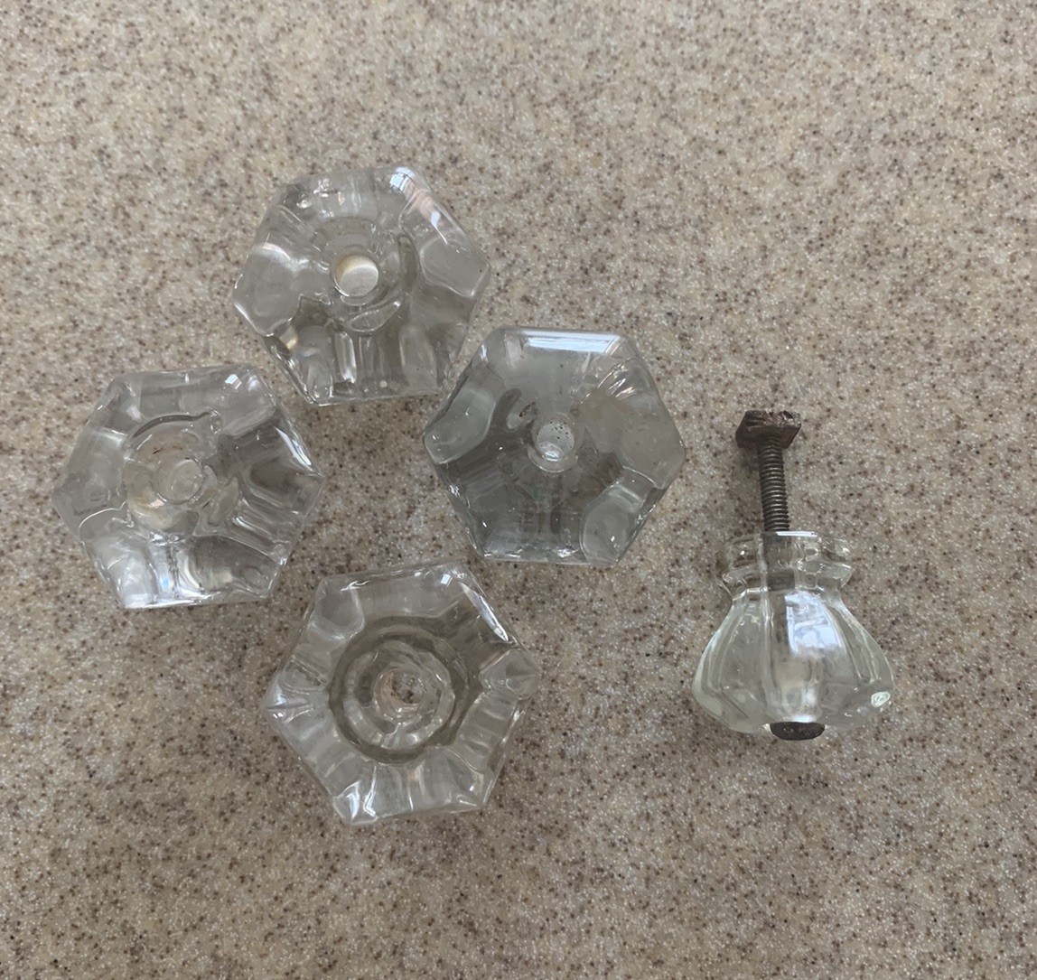 5 Vintage Depression Style 2 Size Hexagon Clear Glass Drawer/ Cabinet Knob Pulls