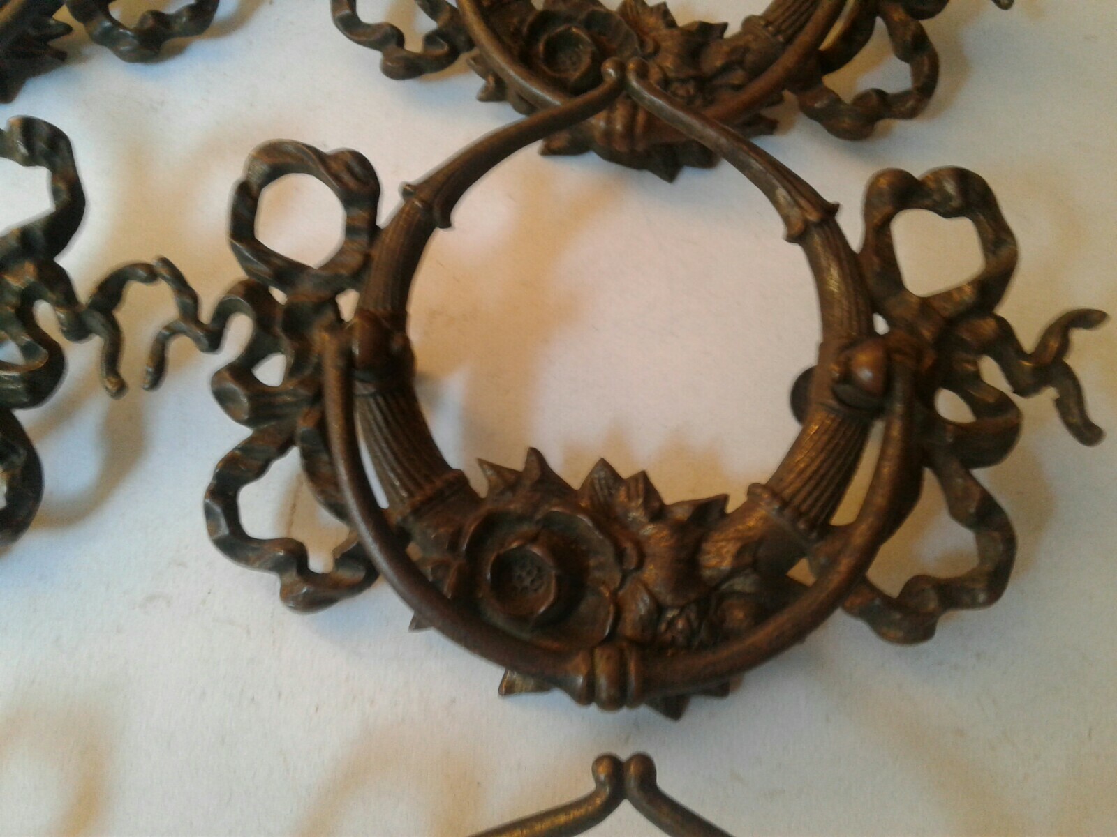 Antique / Vintage Drop Bail Pulls Drawer Pulls Ornate Brass Hardware Lot of 6