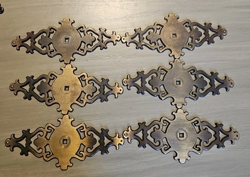 6-VINTAGE Amerock DRAWER PULLS Back Plate Brass Holes Scrolls
