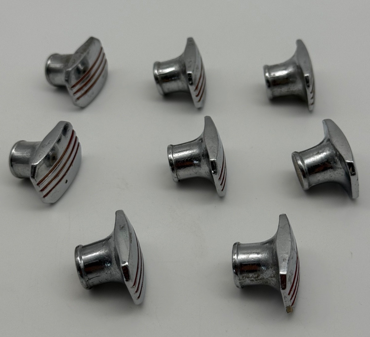 Set Lot 8 Vintage Amerock Chrome Cabinet Drawer Pull Knobs 1.25″ Red Stripe MCM