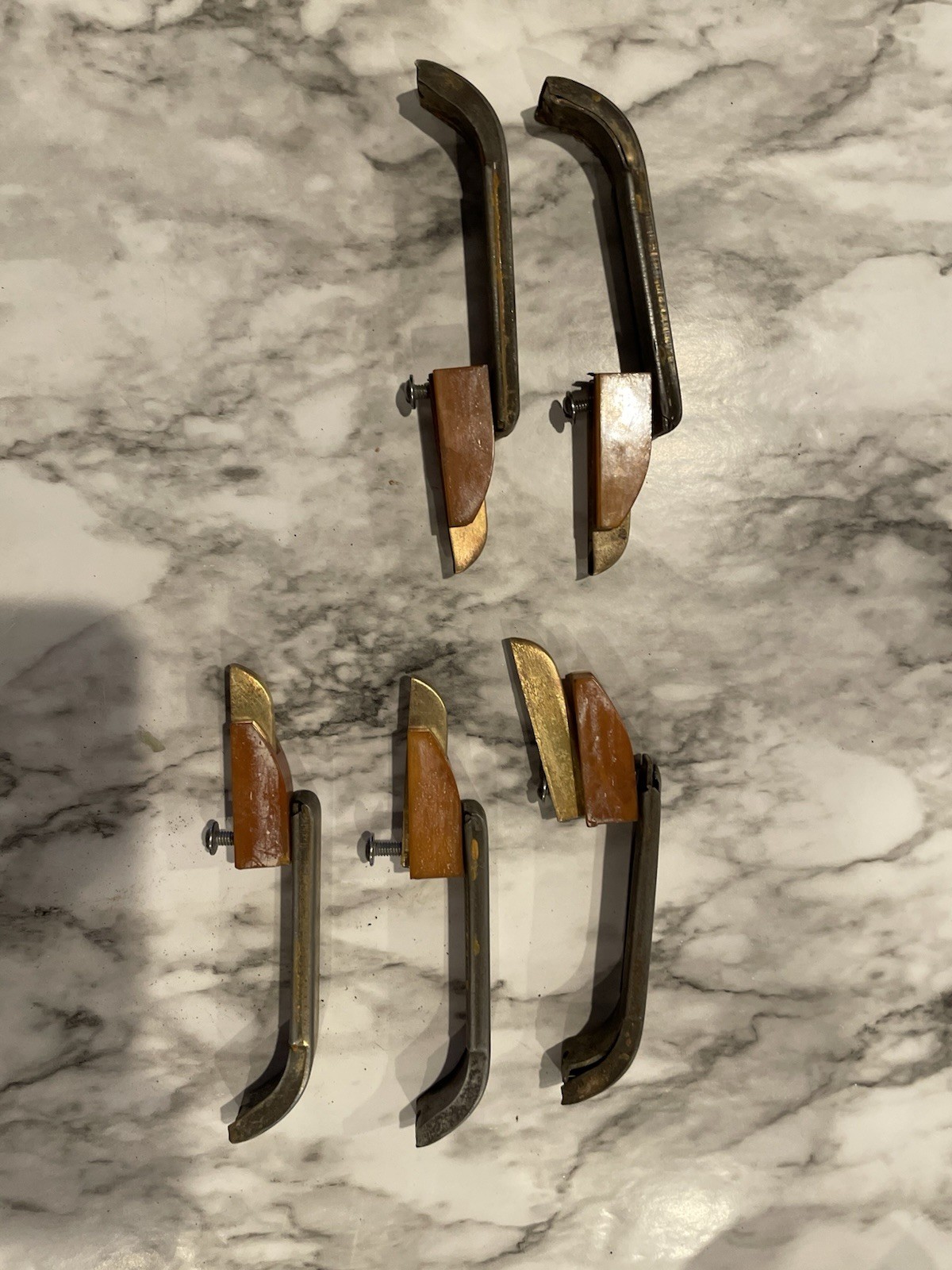 4 Art Deco Antique Amber Bakelite Brass Metal Drawer Pulls, Vintage Hardware