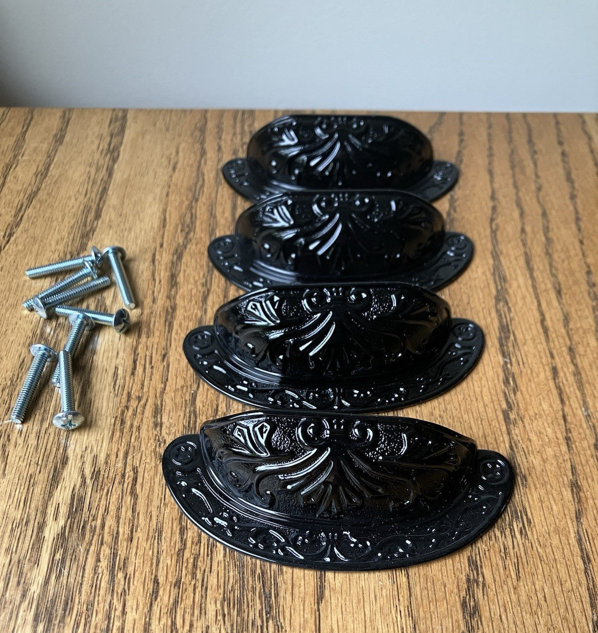 Lot of 4 Black Ornate Metal Cabinet Drawer Cup Pulls 2 1/2 Centers 3 7/8″ Long.
