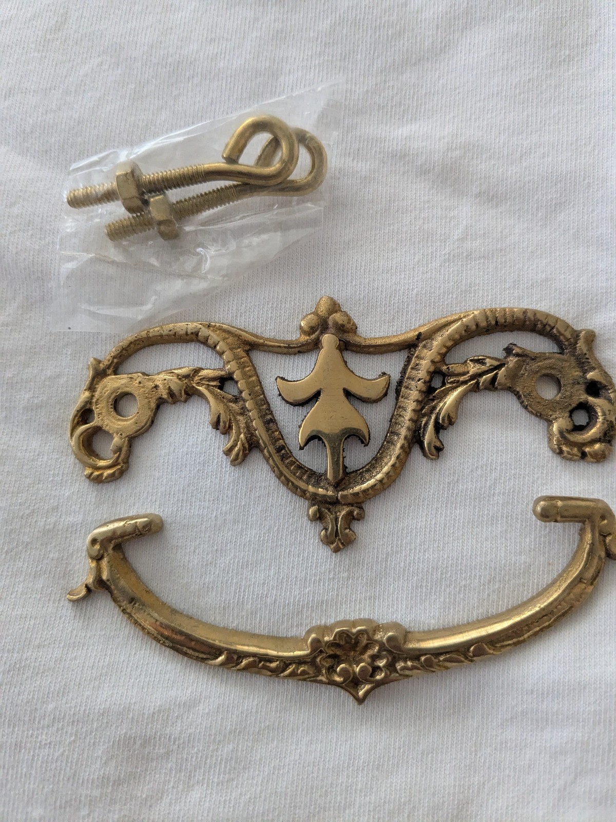 Drop Bail Drawer Pull Solid Brass w/hardware Ornate NOS 3″ center 4.5″wide 1.75T