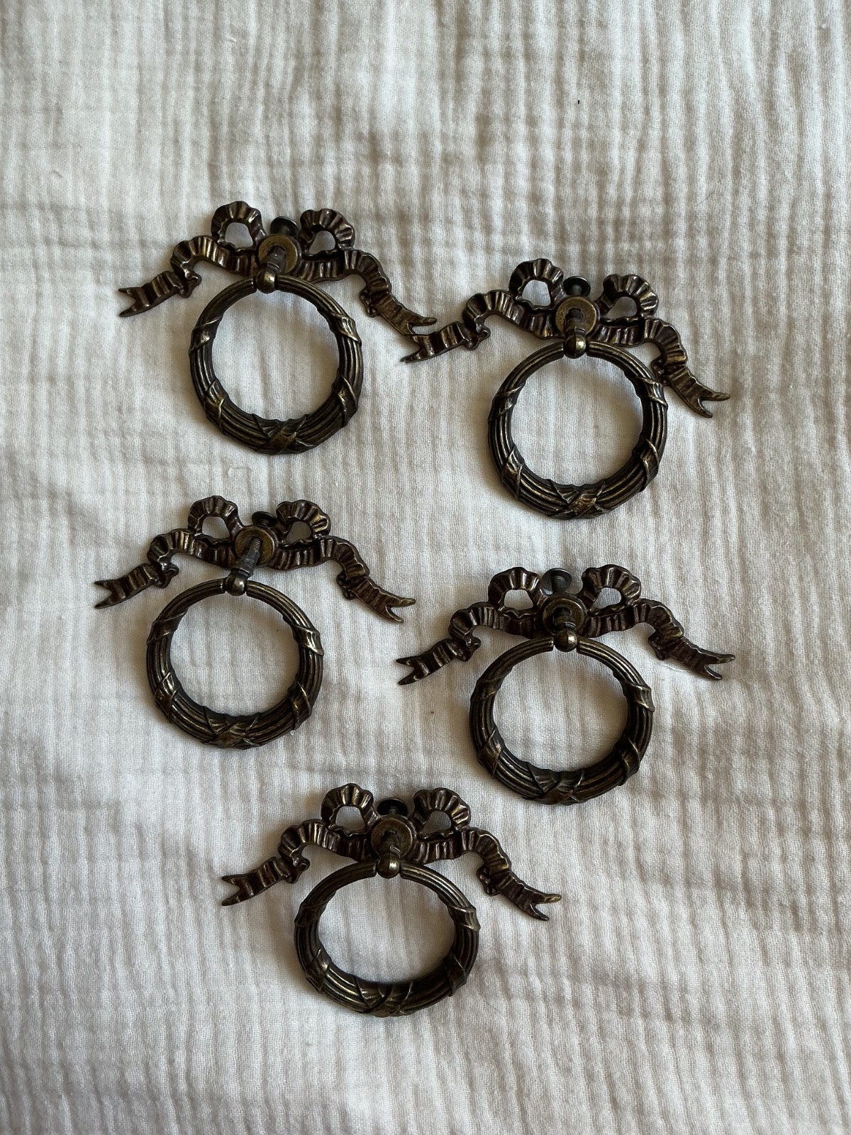 5 Vintage KBC Keeler Brass N2243 N1564 Bow Wreath Ring Drawer Pulls 4”