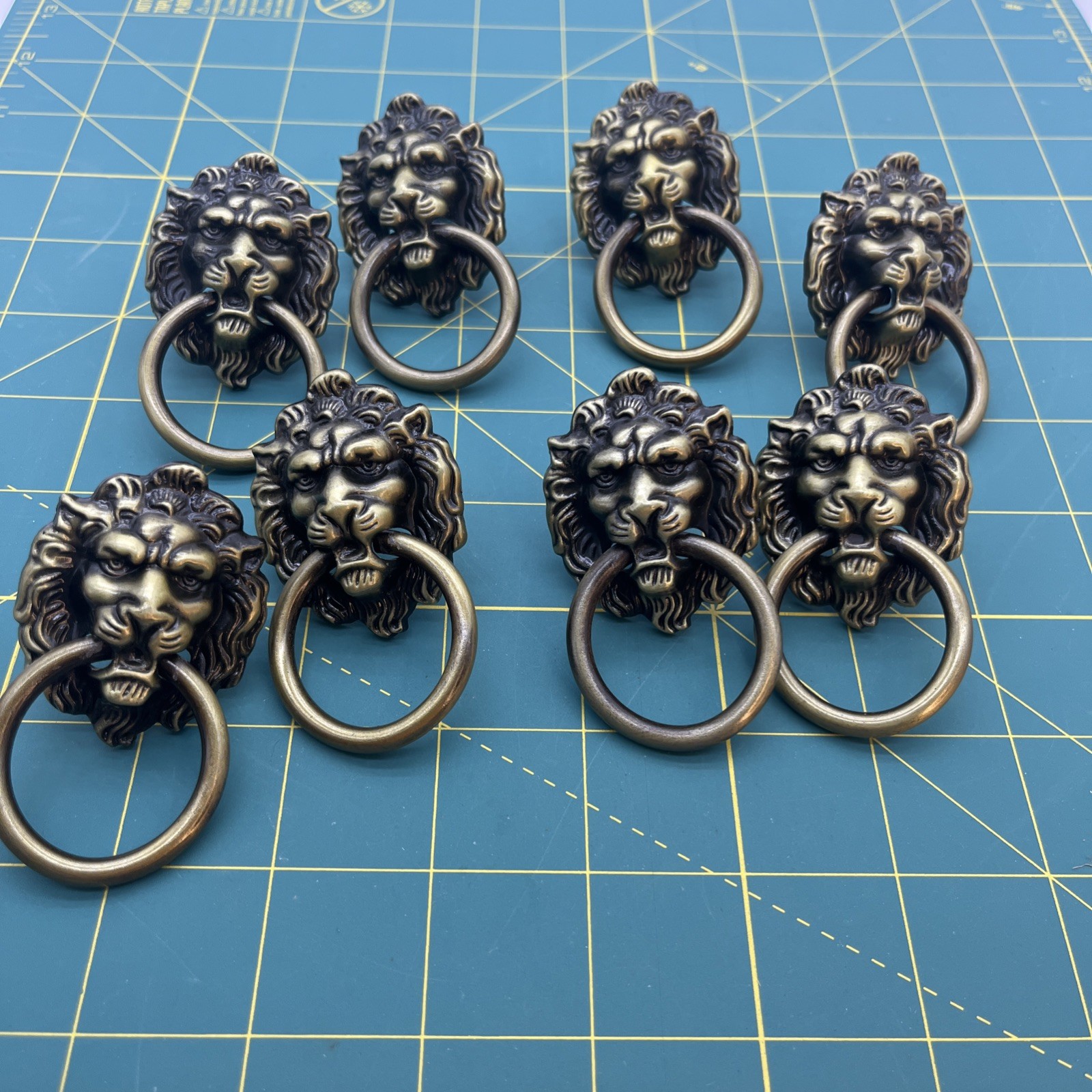 8 Bronze Tone Lion Head Ring Pull Dresser Cabinet Knobs 2” x 1.5”