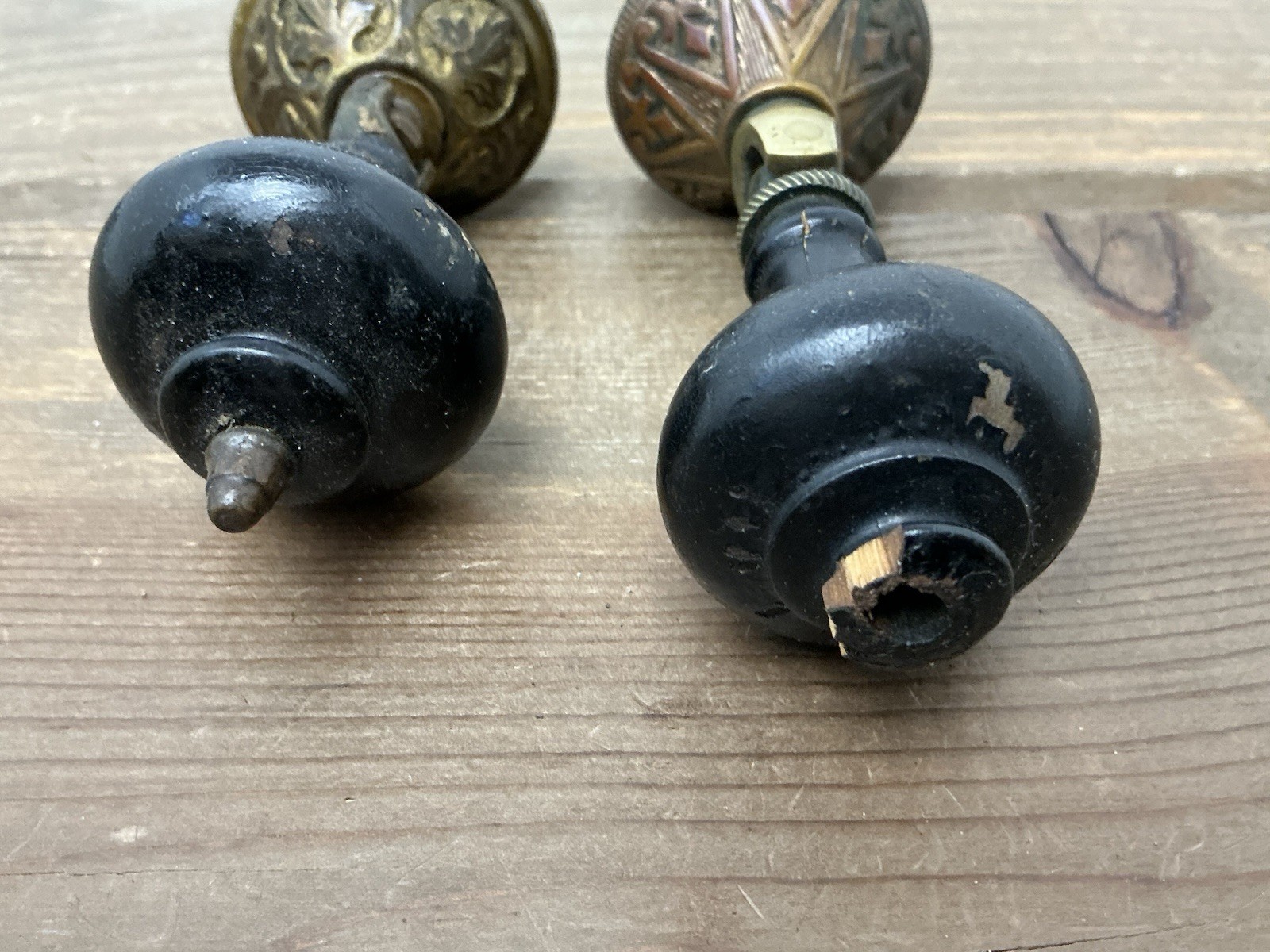 2 Antique Drop Drawer Pulls, Parts Brass Black Wood Teardrop Victorian/Edwardian