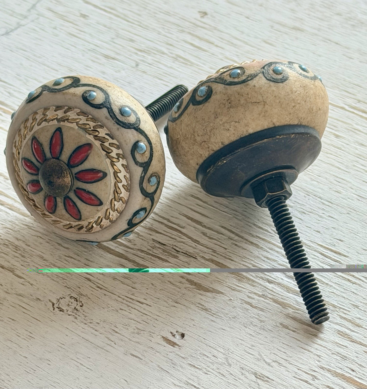 2 Antique Beige Red Floral Medallion Drawer Knob Cabinet Pulls Vintage Style