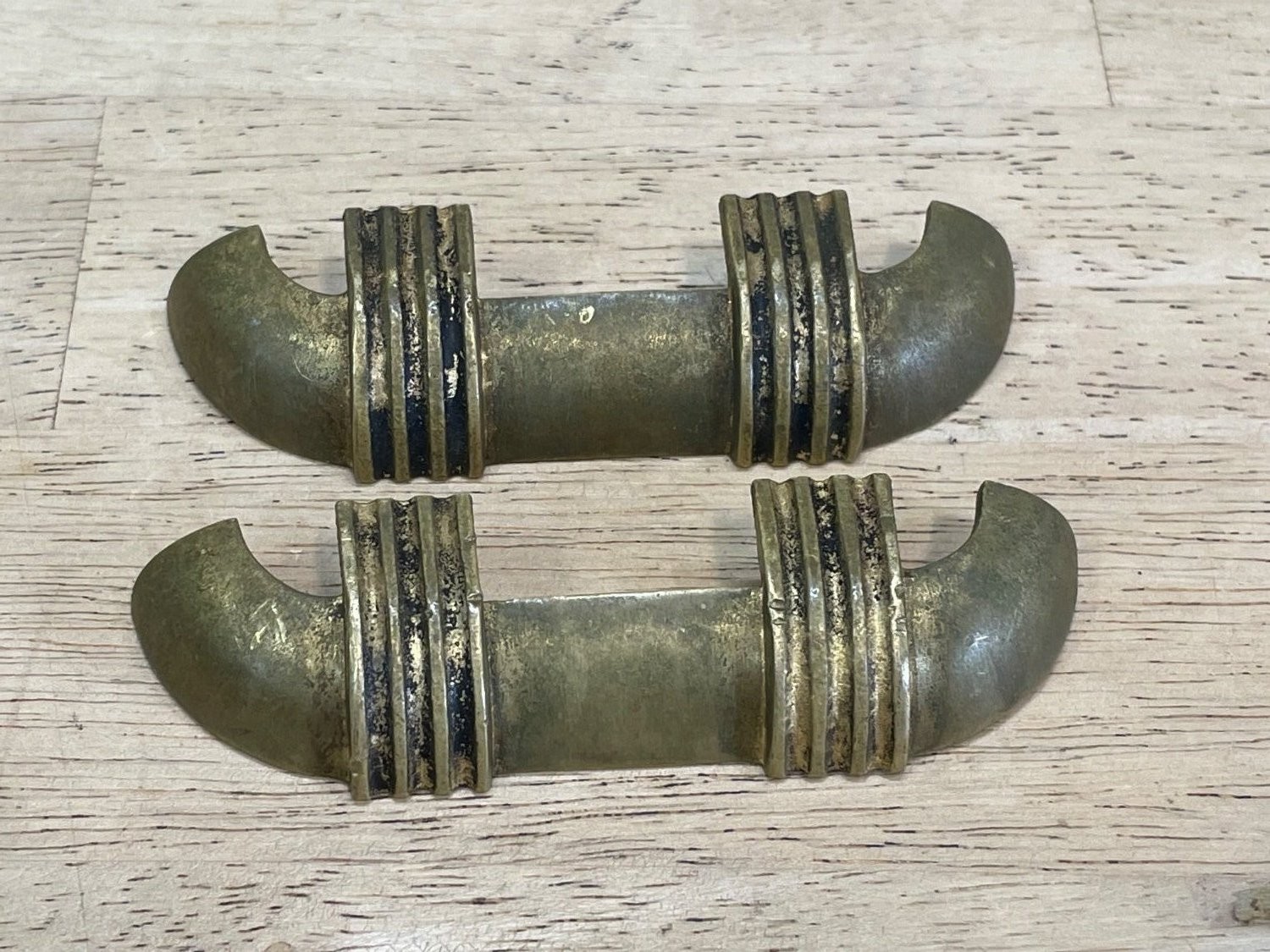 Vintage Art Deco Brass Drawer Pulls Set of 2 Ribbed Streamline 3 Inch 1535