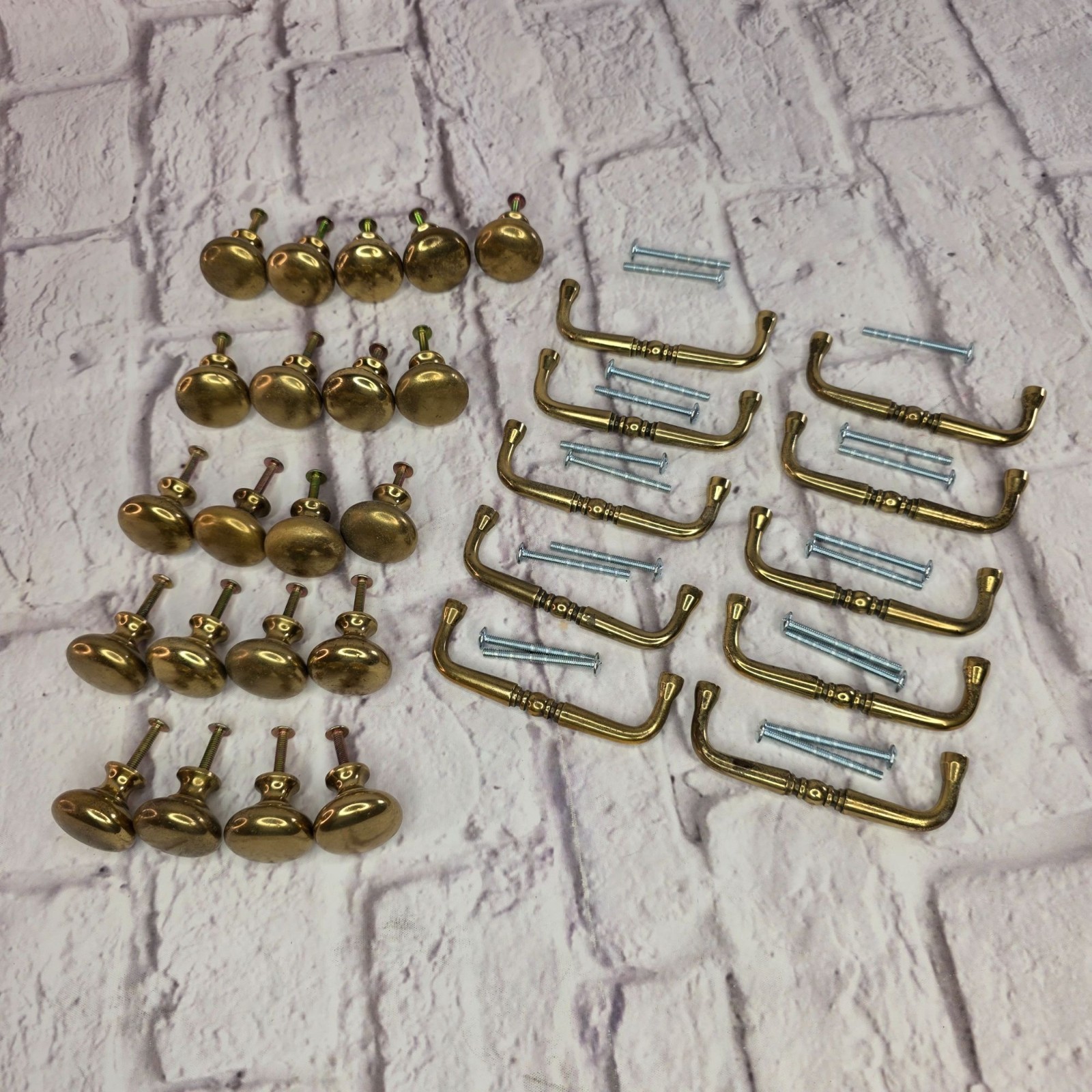 Vintage Solid Brass Cabinet Knobs & Handles Set With Screws 21 Knobs 10 Handles