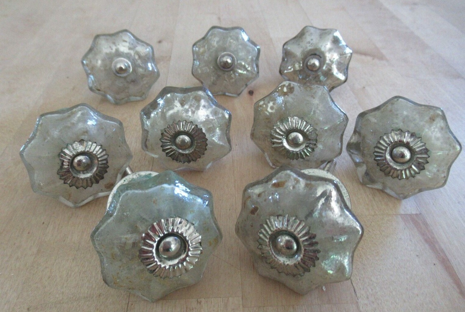 Lot of 9 Vintage Silver Mercury Glass and Metal Drawer Pull Dresser Door Knob