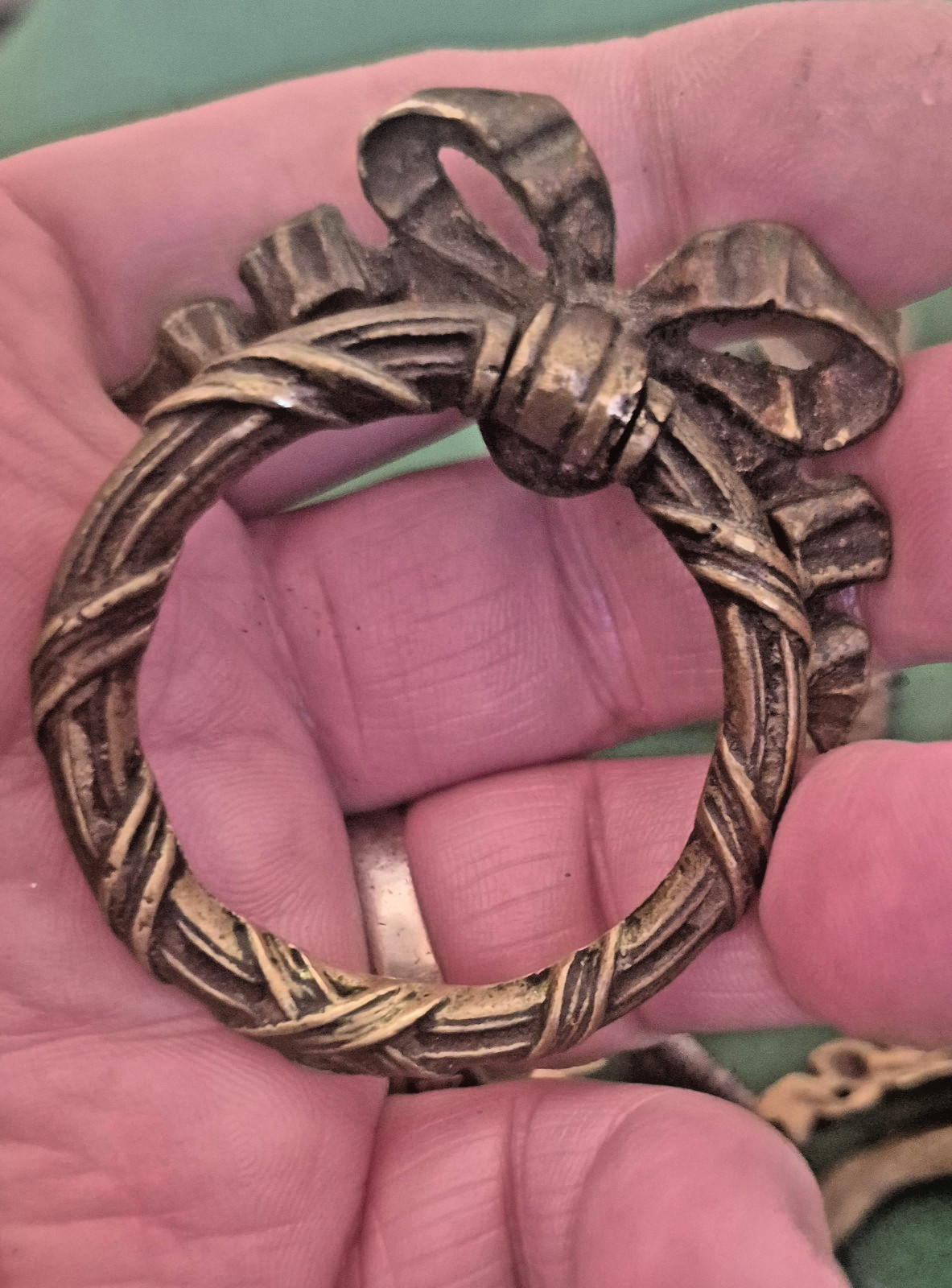 Antique Ribbon And Bow Ornate Bronze Brass Drawer Pull Rings 12 Set Art Nouveau!